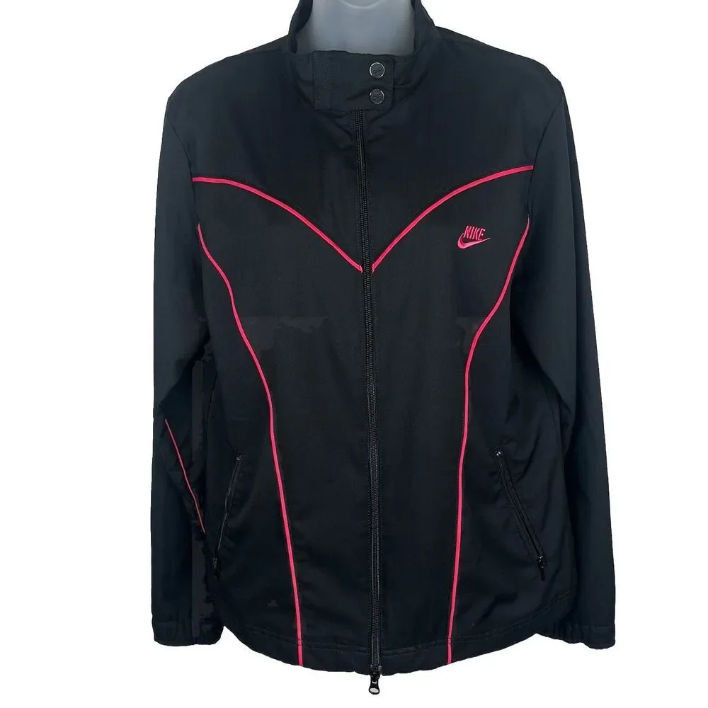 Nike Track Jacket Black Full Zip Pink Trim Snap Collar Y2K 2000s Women's Size L